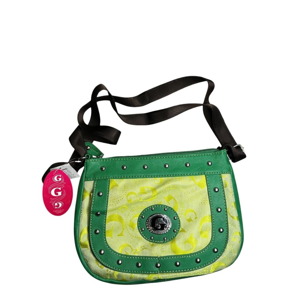 Super Brat Guess Inspired Green & Yellow Logo Shoulder Bag With Studded Details